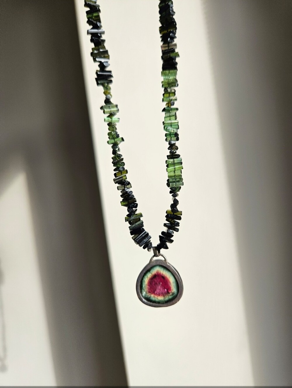 New Green Tourmaline with Watermelon Tourmaline set in sterling silver necklace
